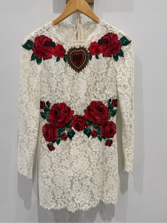 Dolce & Gabbana Dresses & Skirts - Dolce & Gabbana White Lace Mini Dress with Red Rose Embroidery